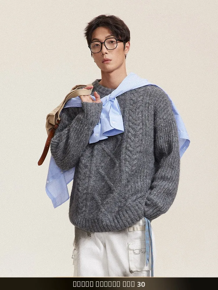 

American Retro Twist Knitted Sweater Men's Casual Soft Autumn Winter round Ne Long Sve Sweater Nted Youth Faion