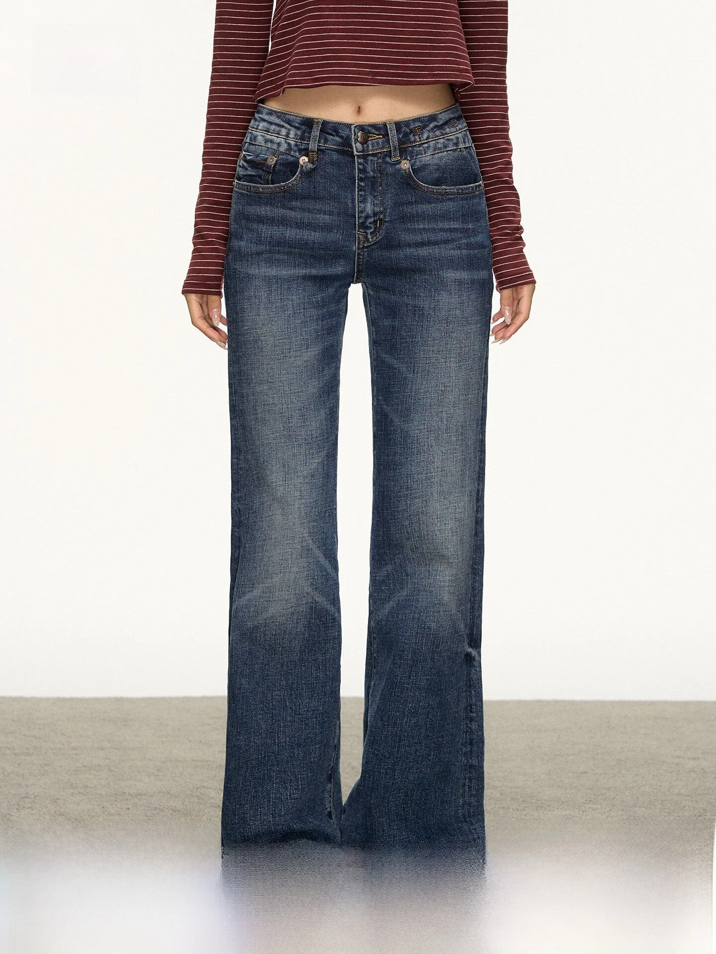 

Anna Aneae Vintage Blue Faded Bell Bot Jeans Women's Slim Fit mid Low Waist Bell Long Trousers Spring New Sle High Elastic