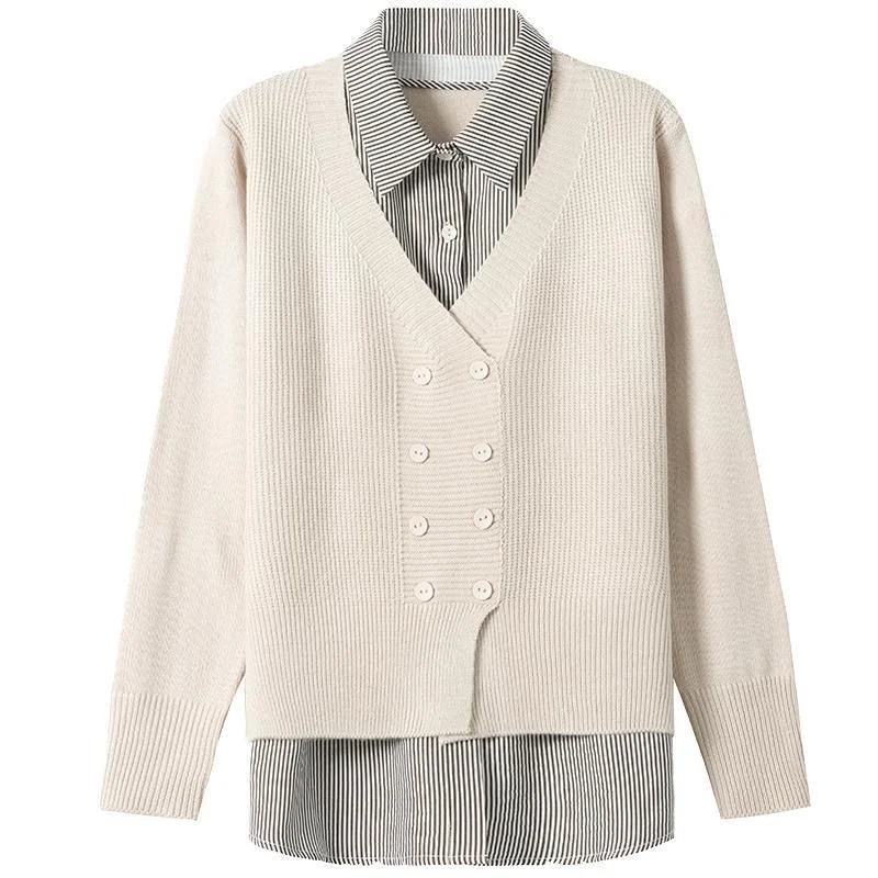 Fake Two Piece Women's Clothing Spring Autumn New Style Knitted Sweater Paneled Casual Fashion Versatile Stylish Slimming Top