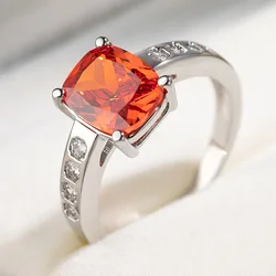 Cushion Cut Orange Red Stone Square Wedding Bands Silver Color Yellow Zircon Simple Female Engagement Rings For Women Jewelry CZ