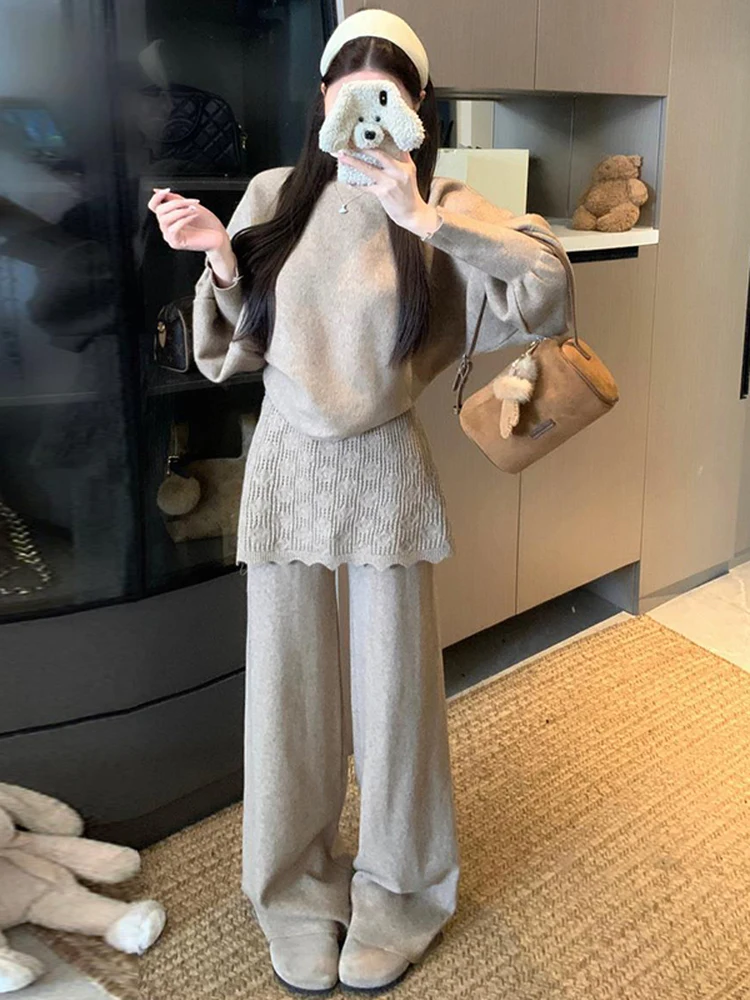 

Корейский стиль: женский весенний модный комплект из двух предметов – нежный мягкий топ и брюки с широкими штанинами, трикотажный комплект с длинными рукавами и рукавами «летучая мышь»