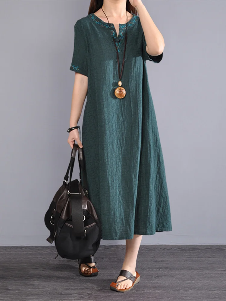 Japonês Sle Algodão Linho Bordado Emagrecer Solto V-Ne ort Sve Seda Longo Robe Dr Étnico Vento Verão D...