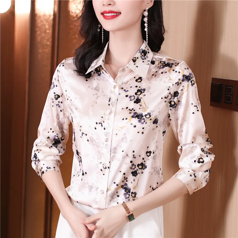 

Women White Floral Long Sleeve Polo Collar Shirts 2024 Korean Elegant Casual Blouses Autumn Fashion Bodycon Office Lady Shirts