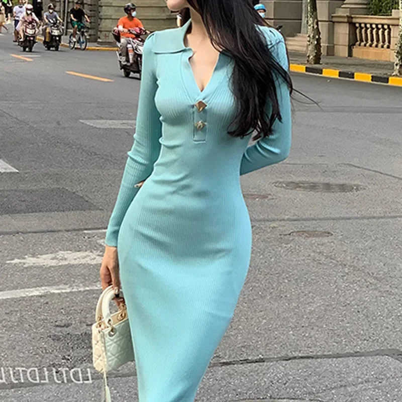 

Elegant Lady Long Sleeve Knit Dress Casual Solid Straight Vestidos Spring 2022 Vintage Lapel High Waist Slim Dresses for Women