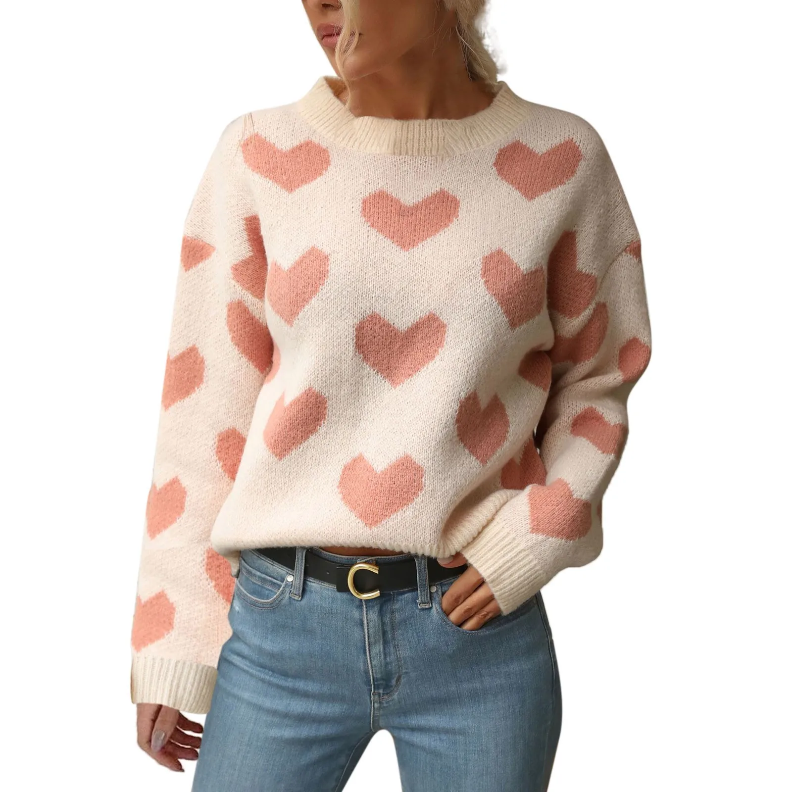 Dames Losse Trui Valentijnsdag Kleding Hart Patroon Lange Mouw Ronde Hals Gebreide Pullover Tops Casual Breigoed 2024