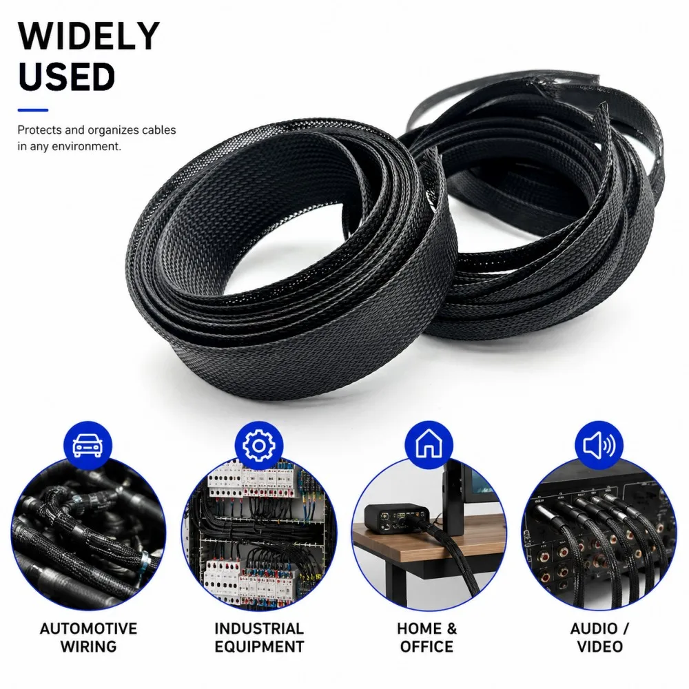 Black Flexible PET Braided Cable Sleeve ID 2mm-100mm PET Expandable Braid Mesh Sleeve Wire Cable Insulated Protection Sleeve