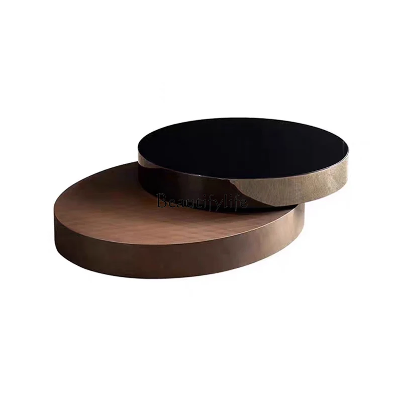 

Italian light luxury stainless steel rotating coffee table simple modern round tea table