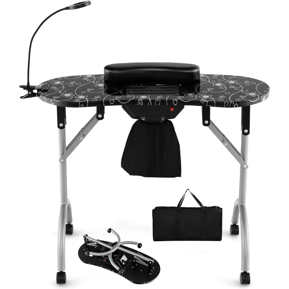 

Nail Desk for Nail Tech, 35-inch Foldable Nail Table W/Bendable LED Table Lamp, Electric Dust Collector, Carry Bag