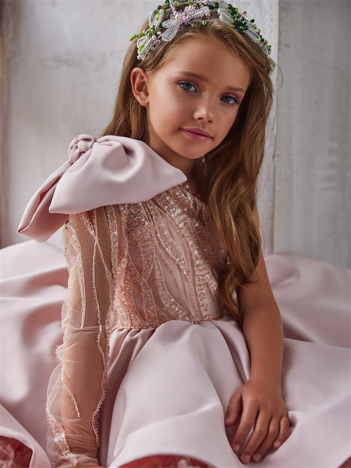 Pink Fluffy Layered Long Sleeved Single Shoulder Sequin Flower Girl Dress Wedding Cute Flower Child Communion Party Dress