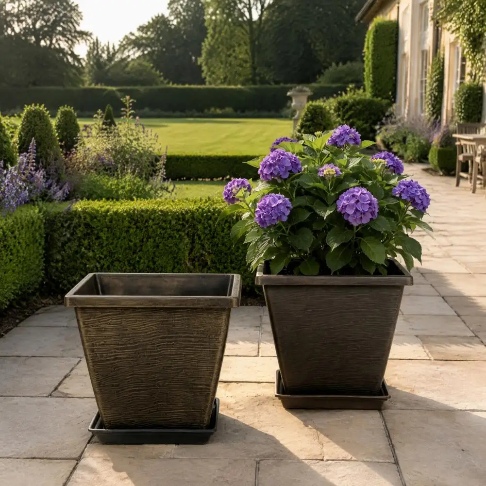 Resin Planter Pots Plant Pots with Saucer Square Resin Planter with Drainage Hole 10 Inch Decorative Garden Pot for Indoor