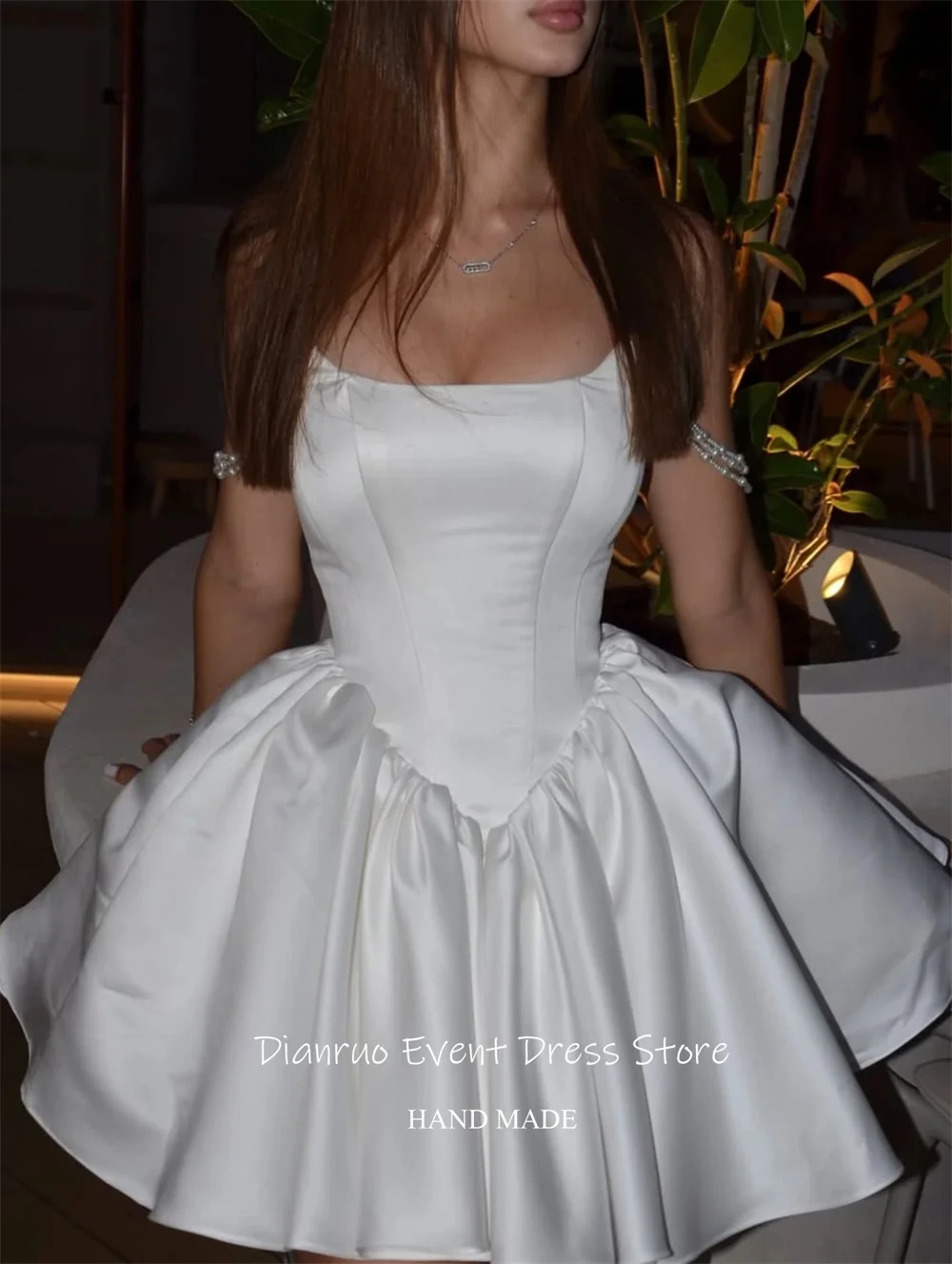 Dianruo Puffy Pearl Straps Satin Prom Dresses Luxury A Line Cocktail Dress Pleated Hem Strapless Homecoming Dresses Customized image 4