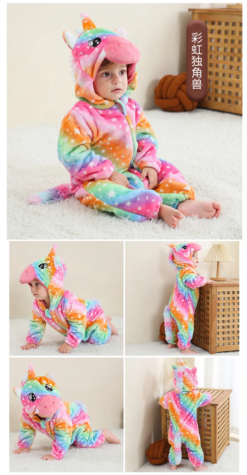Baby Strampler Winter Kostüm Flanell Kapuzen Overalls Kinder Wachsende Kleidung Jungen Pullover Mädchen Overall Outfit Drachen Einhorn Frosch – Detail 5