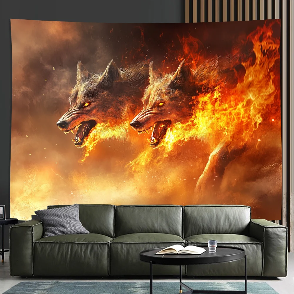 Flame Two-headed Wolf Digital printing polyester wall hanging tapestry decorative Living room bedrooms Office background gift