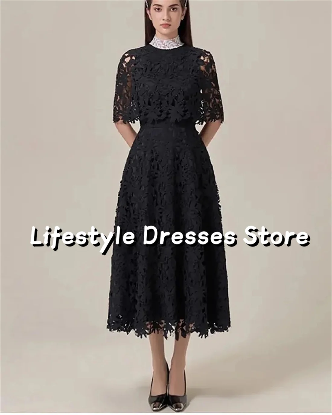 

Lace High Collar A-line Prom Dresses Half Sleeve Shawl Black Elegant Evening Dresses Party Gown vestidos para eventos especiales