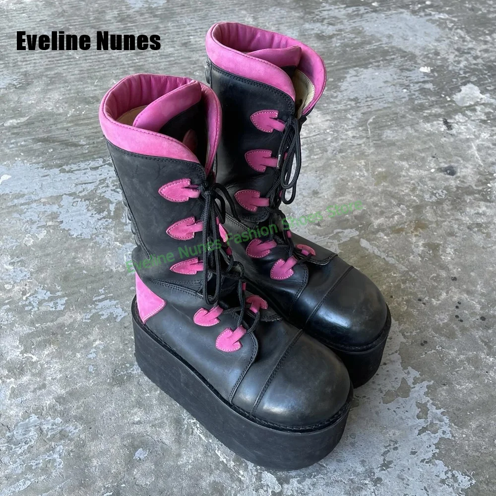 Y2K Punk Platform Knee High Boots Women Round Toe Lace Up Super Thick Sole Mid Calf Gothic Dark Street Style Footwear 2026 Trend