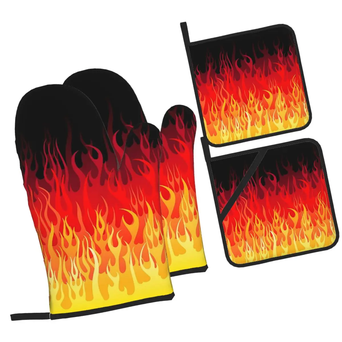 Red Hot Rod Flame On Edge Black Background Oven Mitts and Pot Holder Sets of 4 for Baking Cooking BBQ Resistant Non-Slip Gloves