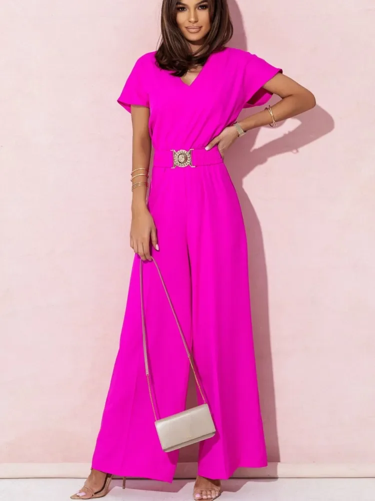 Mode Frauen Solide V-ausschnitt Kurzarm Overalls Sommer Casual Hohe Taille Lose Overall Breite Bein Lange Hosen Strampler Mit Gürtel