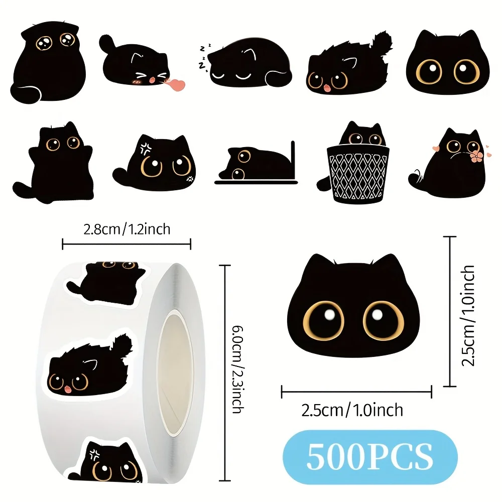 500pcs/roll Cute Black Cat Stickers Cartoon Self Adhesive Labels Animal Stickers for Journal Gift Sealing DIYCrafts Packaging view 6