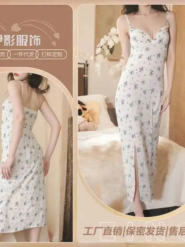 Pure Desire – robe florale à col en v pour filles, élégante, Sexy, fendue, chemise de nuit, vêtements de maison, décontractée, sans manches, charmante, 9AUS