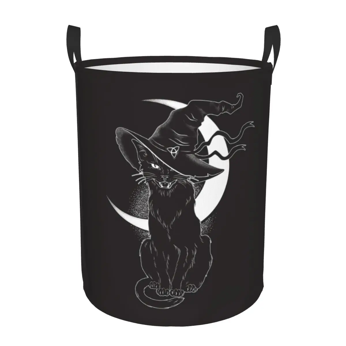 Black Cat With Pointy Witch Hat Laundry Hamper Large Storage Basket Halloween Night Spooky Moon Girls Boys Toy Organizer