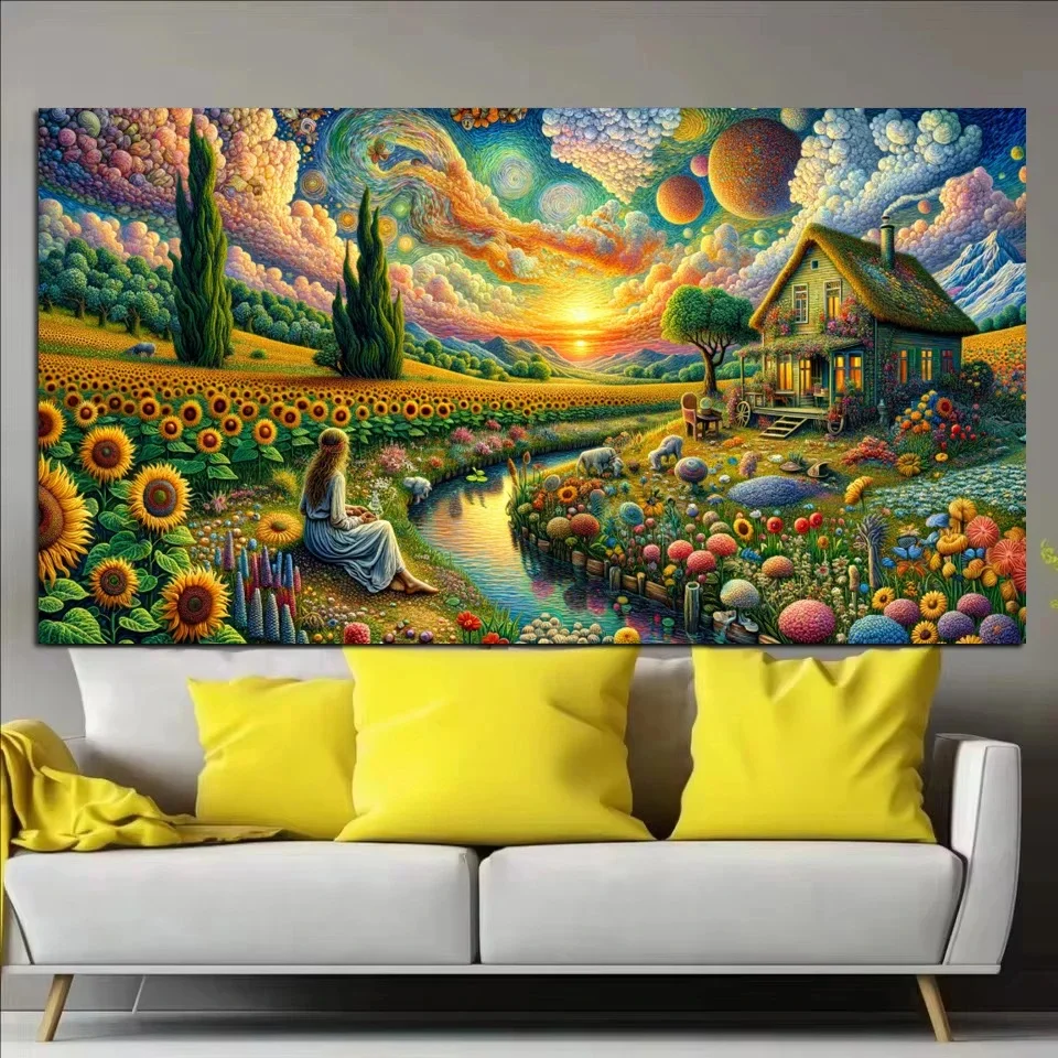 5D DIY Sunflower Spring Blossom FarmField,Clouds Landscape Full Square Round Diamond Painting Cross Stitch Diamond Embroidery