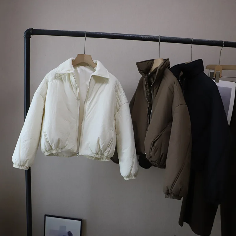 Fashion Turn Down Collar Short Cotton Coat Women's New Solid Color Long Sleeve Thickened Jackets Loose Versatile Warm Outerwear