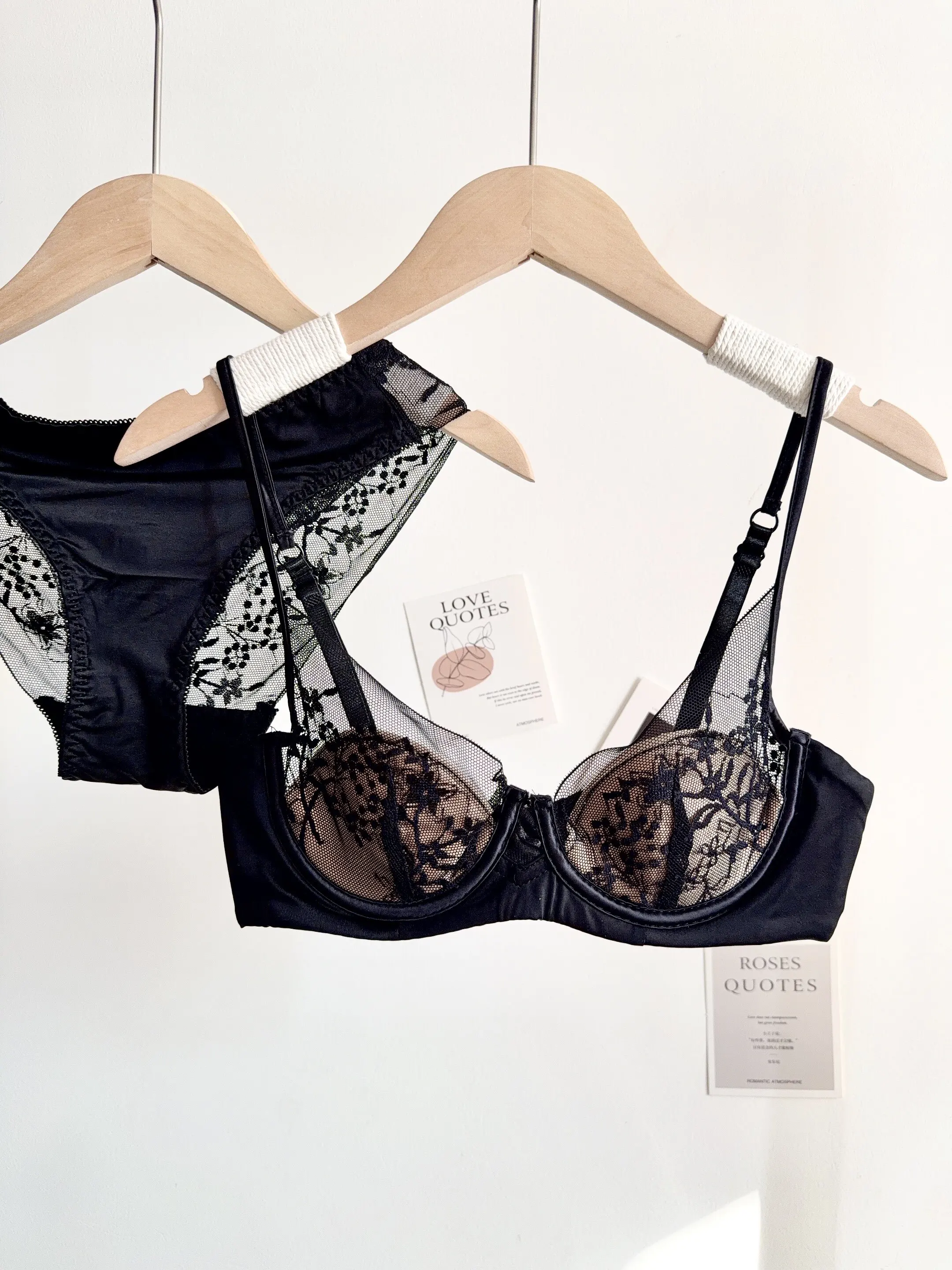 Conjunto de Lencería de Encaje Cómodo para Mujer, Sujetador con Aros Suaves, Copa Delgada, Push-Up, Transpirable, Ropa Interior para Mujeres con Busto Pequeño