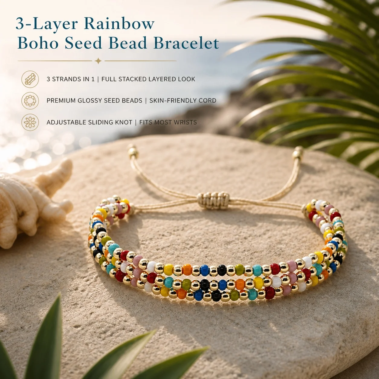 1pc Women's Bohemian Multicolor Round Glass Bead Strand Bracelet with Gold Color Copper Beads Adjustable Lace-Up Closure