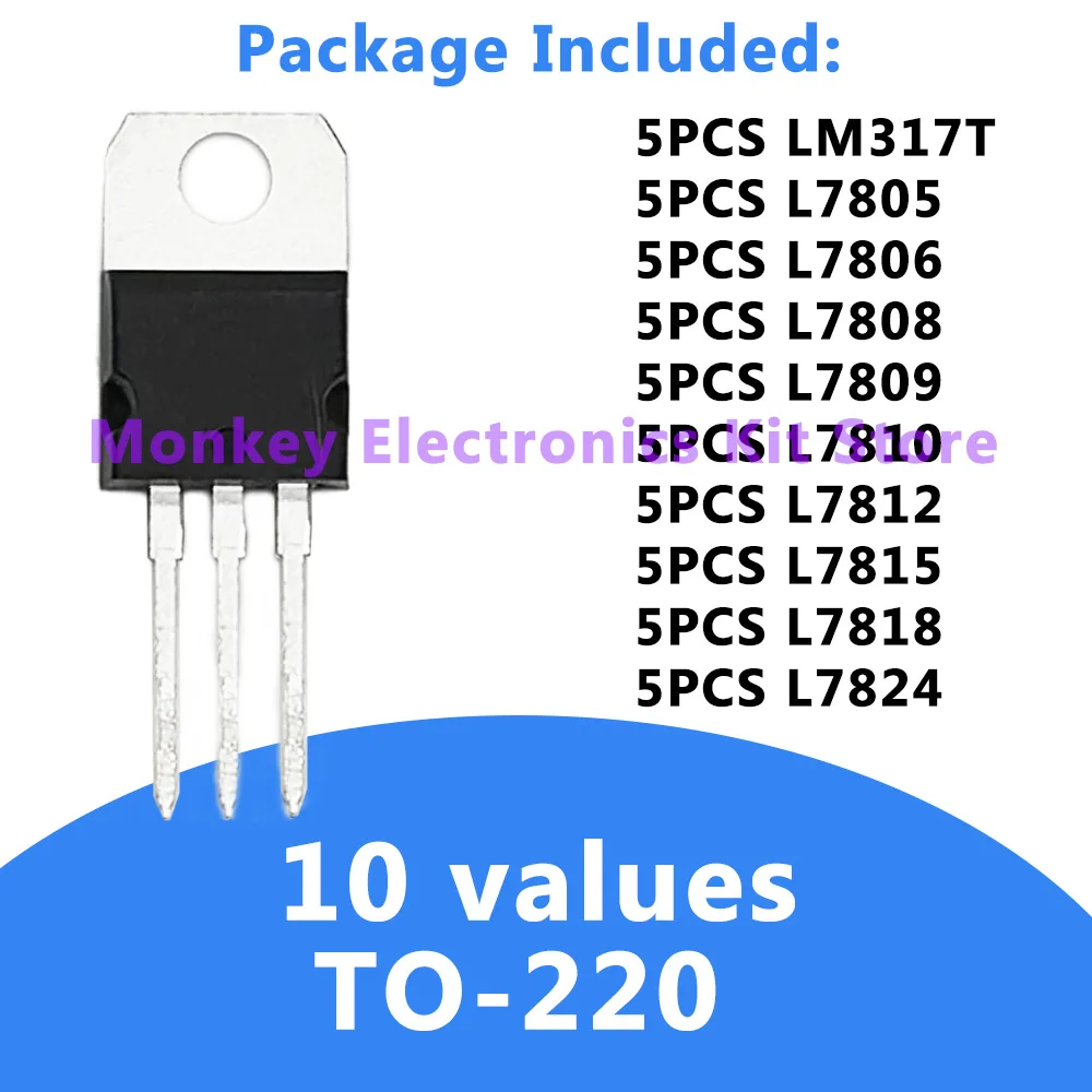50 قطعة TO-220 عدة الجهد المنظم IC عدة LM317T L7805CV L7806CV L7808CV L7809CV L7810CV L7812CV L7815CV L7818CV L7824CV
