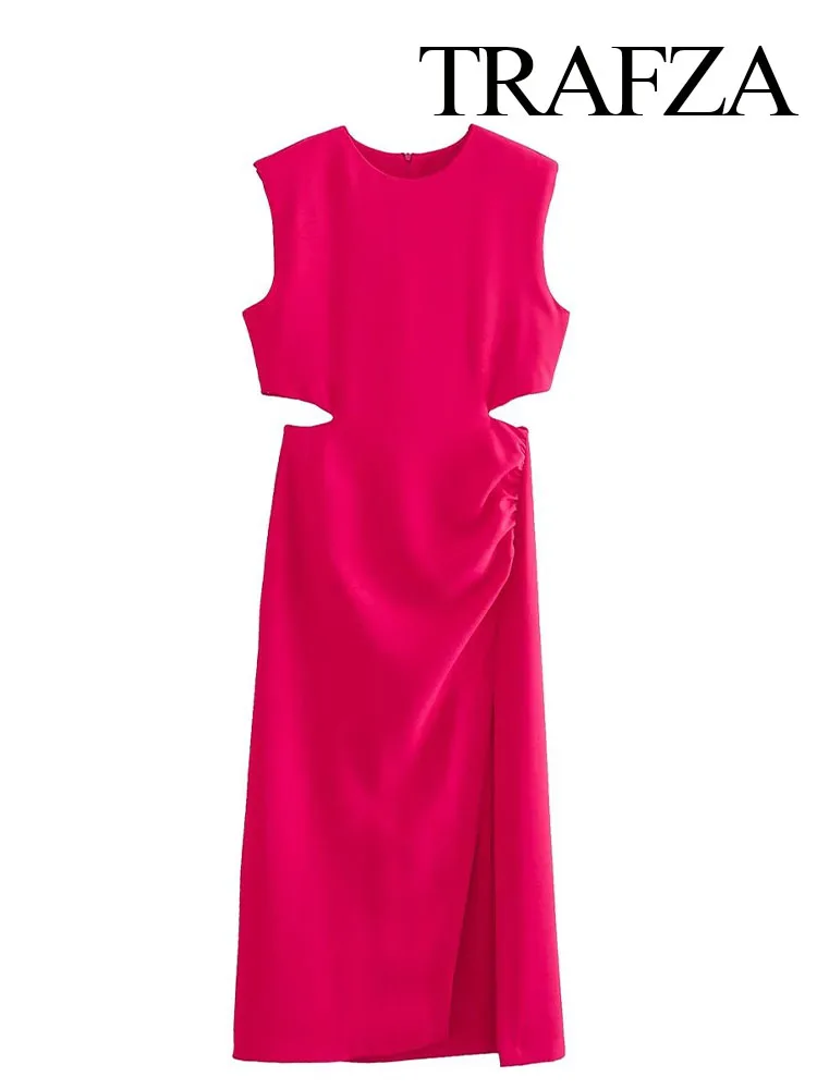 TRAFZA-Robe Longue Froncée pour Femme, Tenue de Soirée Élégante, Couleur Rose Rouge, Nouvelle Collection Été