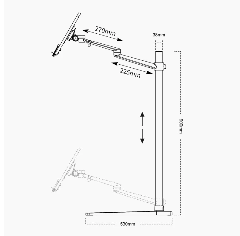 UP-8AW Aluminum Full Motion Height Adjustable Long Arm Reading Book Clamp Floor Stand Office Notebook Tray Book Tablet Silver