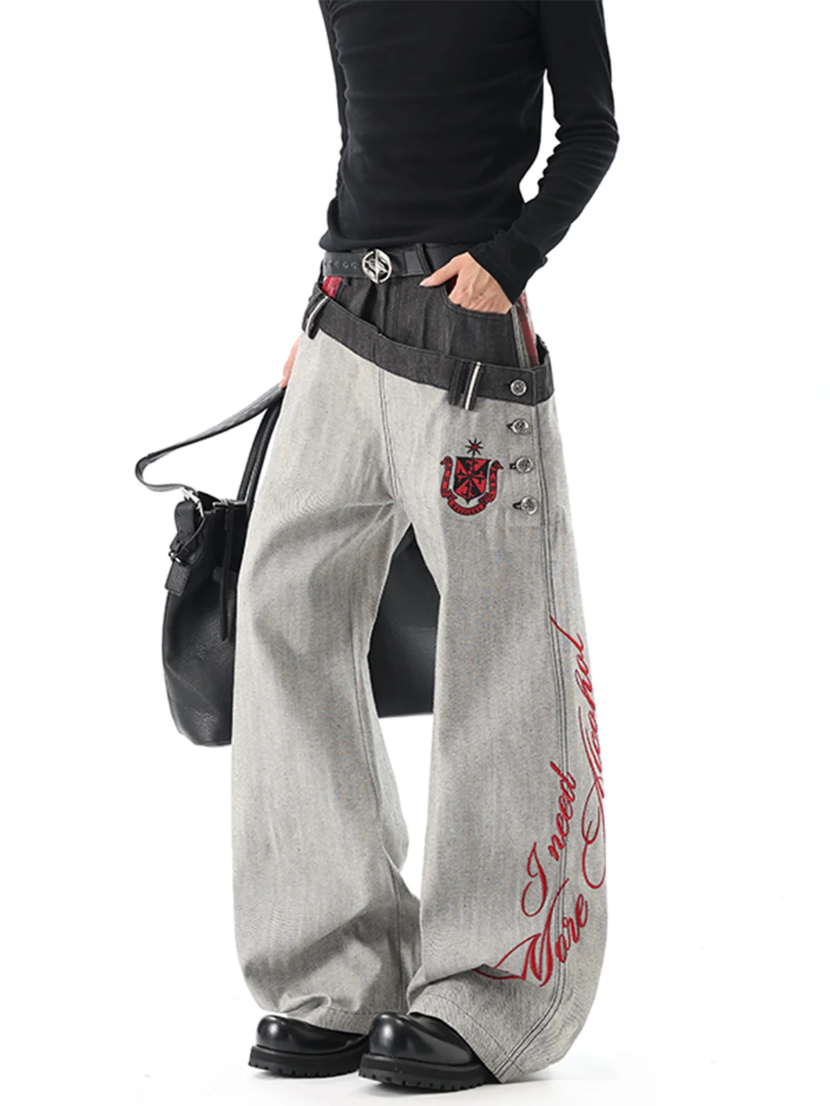 American Street Style Patchwork Red Ear Jeans Men Women Autumn High Street Design Small Crowd Flared Long Pants