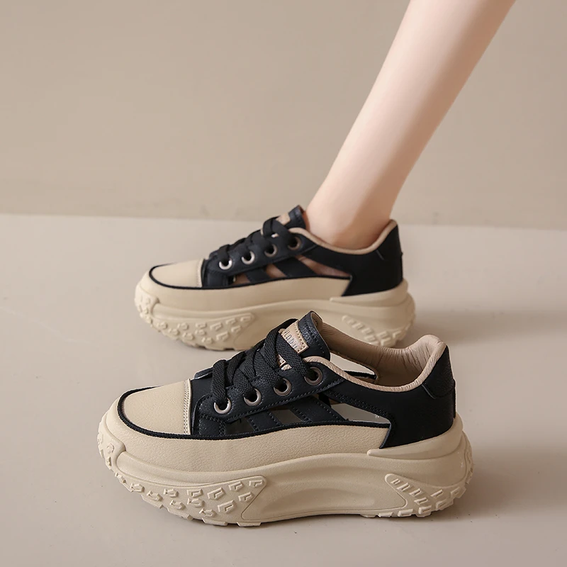 

Summer New Chunky Sneakers Shoes for Women Solid Color Hollow Sports Shoes Lace Up Heightening Platform Women's Vulcanize Shoes