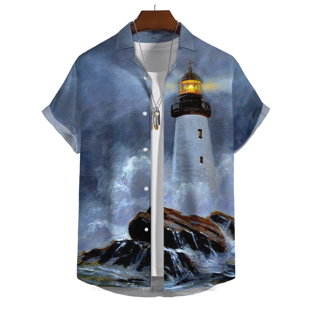 Summer Shirt For Men Lighthouse 3d Printed Men‘S Clothing Loose Oversized Shirt Beach Party Short Sleeved Tops Hawaii Sweatshirt