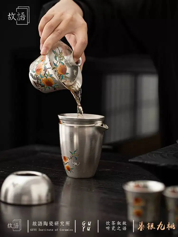 Guoyu 999 Pure Silver Gilded Set For Home Use, Tea Cup And Lid Bowl, Master Song Yu's Handmade Nine Peach Silverware