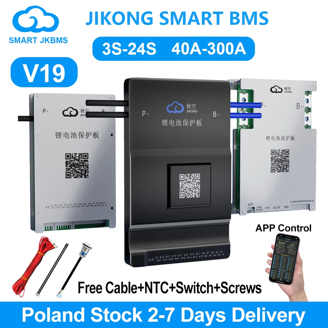 JIKONG V19 JK BMS 4S-8S-24S Smart BMS BT APP RS485 CAN HEAT 0.4A-2A 12V-100V Active Balance BMS for Li-Ion lifepo4 LTO Battery