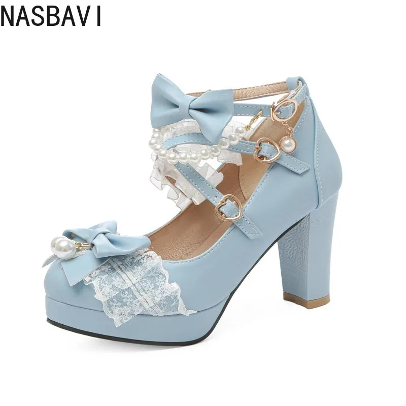 2025 Lolita Shoes Cross Strap Women High Heels Mary Jane Pumps Party Wedding Cosplay White Pink Black Strawberry Bow Princess