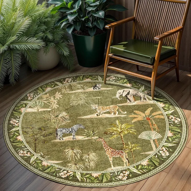 

Large Round Living Room Carpet Nordic Style Animals Print Bedroom Rug Foldable Machine-Washable Coffee Table Mat Tapis Alfombra