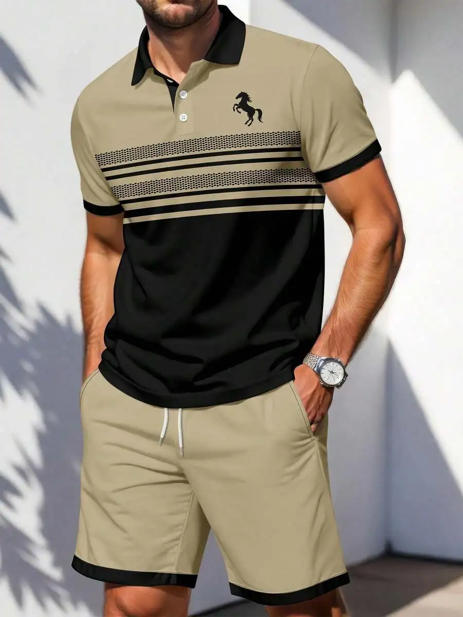 

Men's Casual 2-Piece Polo Shirt and Shorts Set with Striped Mesh Panel