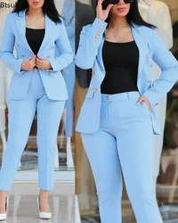 Novo 2025 feminino formal escritório calça define 2 pçs duplo breasted sólido blazers jaqueta e calças duas peças conjunto feminino calça ternos