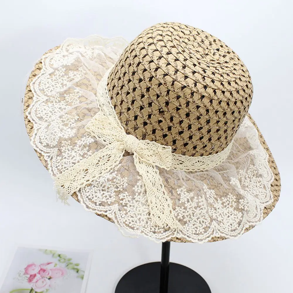 Fashion Crochet Women Summer Wide Brim Sunscreen Straw Hats Beach Cap Sun Hats Lace Side