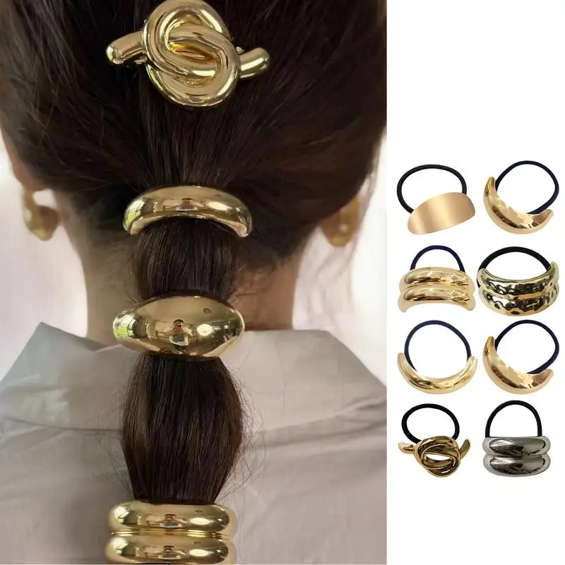 Metal Hair Ties 4X Geometric Elastic Hair Ropes Fashion Gold Hair Cuff Wrap Decorative Hair Bands Ponytail Holders for Women