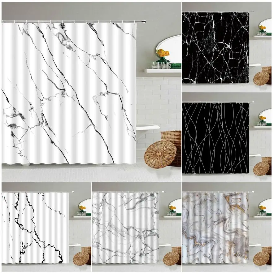 Marble Striped Shower Curtain for Bathroom, Waterproof Screen with Hook, White, Gray, Gold, Black, Decorative Accessories