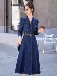 Elegant Women Denim Dress 2023 Spring Autumn French Style Long Sleeved Single-Breasted Dresses Fashion Ladies A-Line Jean Dress
