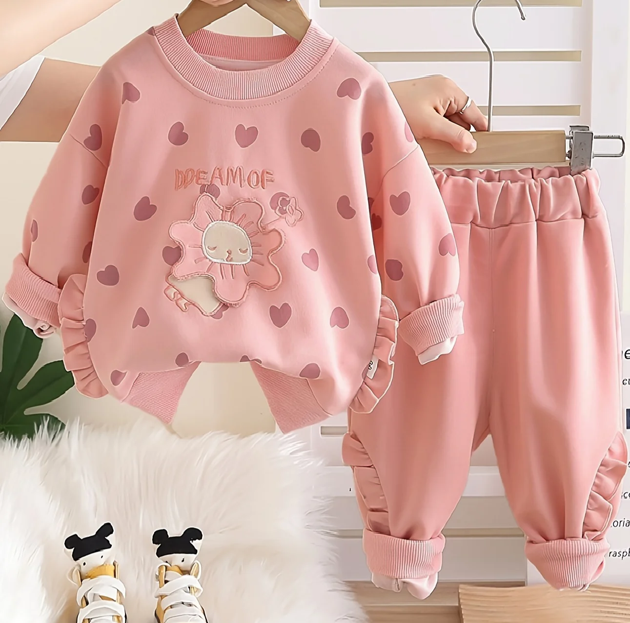 Girls Pink Heart Print Flower Embroidery 2Pcs Tracksuit Set