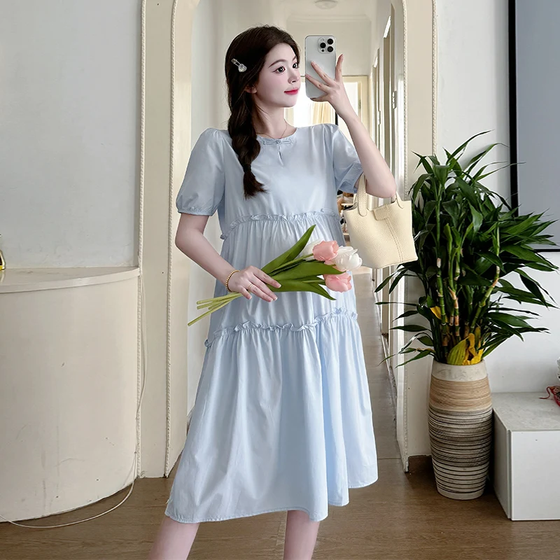 

Summer Fashionable Pregnant Women's Dresses Ruffles Patchwork Short Sleeve O-Neck Maternity Ball Gown Dress Solid Color Clothes