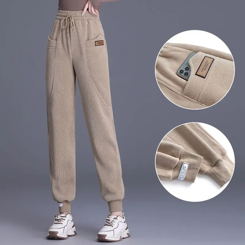 Imagem -04 - Calça Jogger Feminina com Elástico de Cintura Alta Monocromática Fina Bolsos Casual Calça Comum Moda Outono Inverno