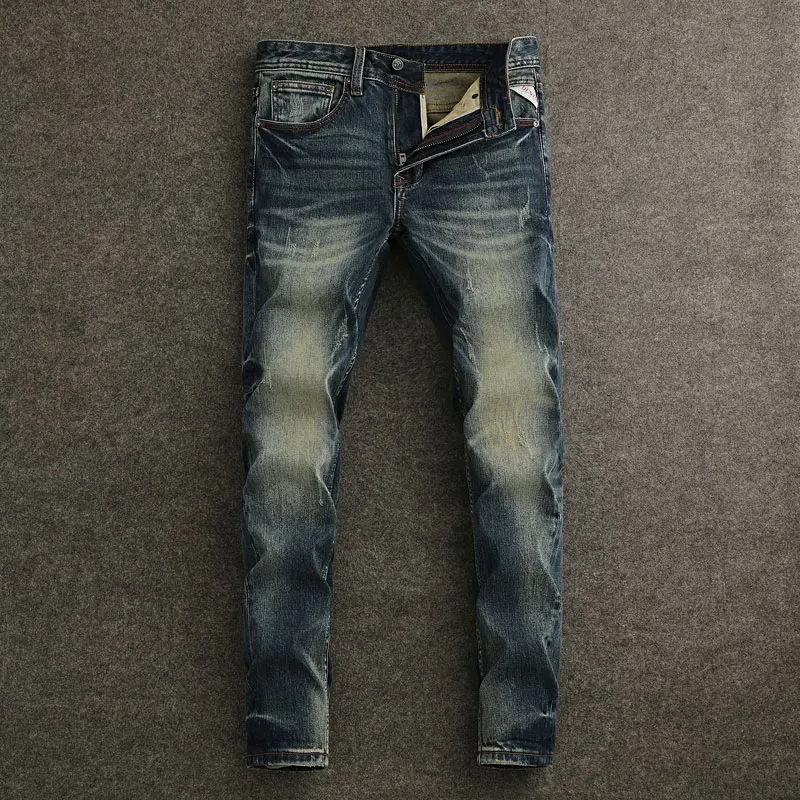 Moda uliczna Mężczyźni Dżinsy Wysokiej jakości Retro Sprany Niebieski Rozciągliwy Slim Fit Ripped Jeans Mężczyźni Proste Vintage Designer Denim Pants