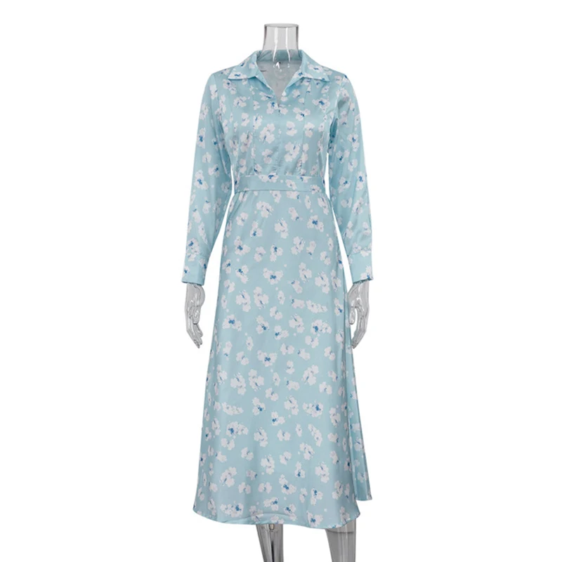 High Quality Satin Printing Dresses Spring Women Lapel Long Sleeves Loose Dress Autumn High Waist Pullover Knee Length Dress