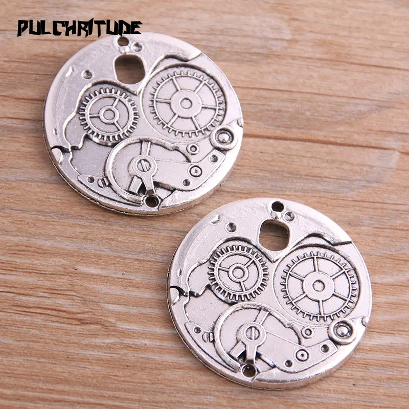 2PCS 38mm Two Color Vintage Metal Zinc Alloy Round Steampunk Gear Clock Charms Fit Jewelry Pendant Charms Makings